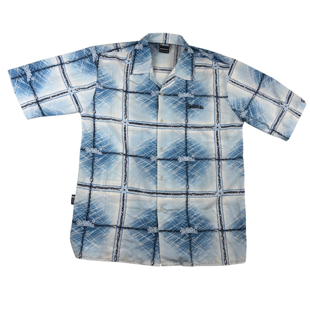 Southpole Mens Medium Blue / White Graffiti Logo Short Sleeve Button Down Shirt